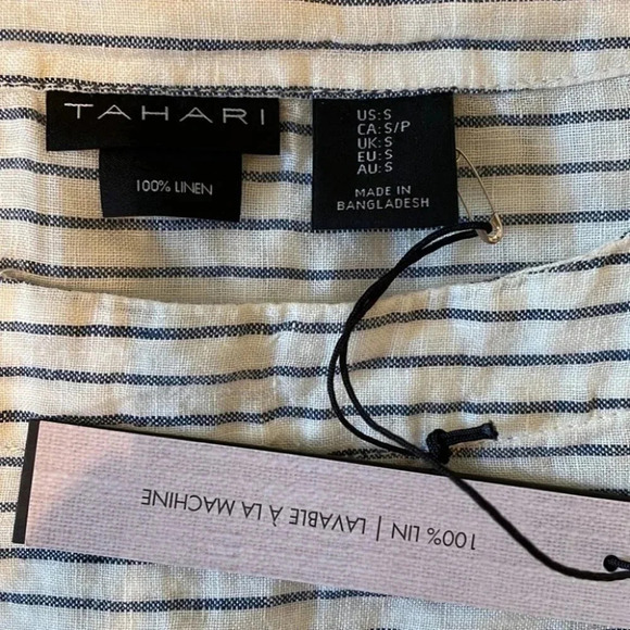 Tahari Linen Pullover Navy White Blouse Top Striped S Split Hem Small NWT - Picture 5 of 7